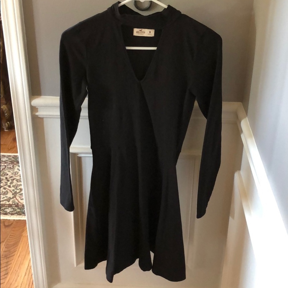 Black high neck long sleeve chest cut out dress